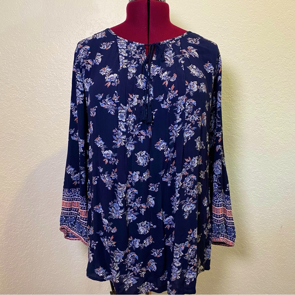 Sonoma | Blue Long Sleeve Blouse with White Flowers Pattern XL 🦢💙✨